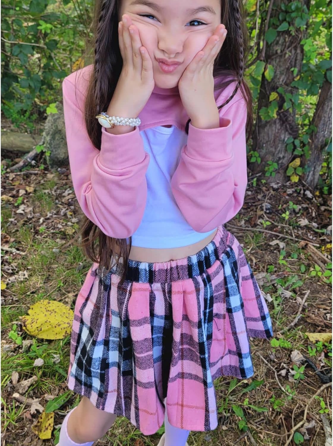 fioukiay Girls 3 Piece Outfit Skirt Sets Long Sleeve Sweatshirt and Plaid Pleated Skirt with Camisole Clothes Set - Image 4