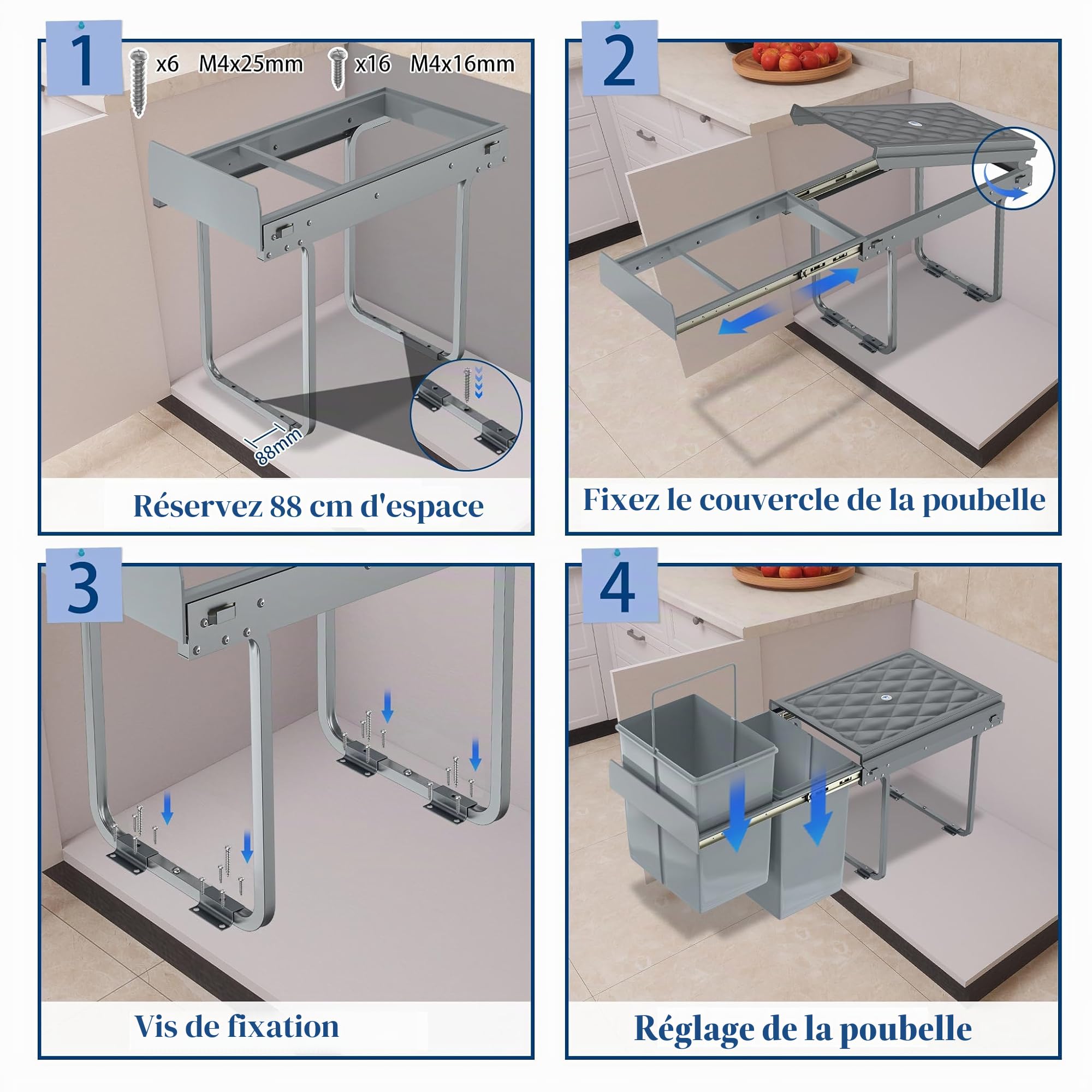 FIVMEN Poubelle de cuisine encastrable à 2 compartiments extensibles avec rails télescopiques, système de tri sélectif, gris, 2 x 15 l