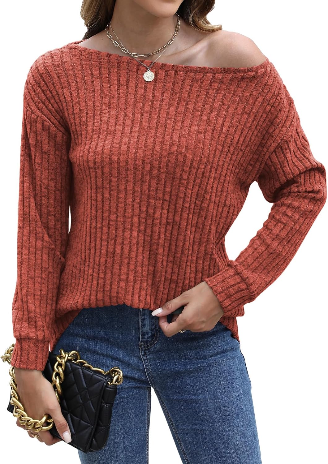 Womens Sweaters Long Sleeve Shirts for Women Drop Shoulder Boat Neck Lightweight Tops Dressy Casual Trendy Caramel - Image 5