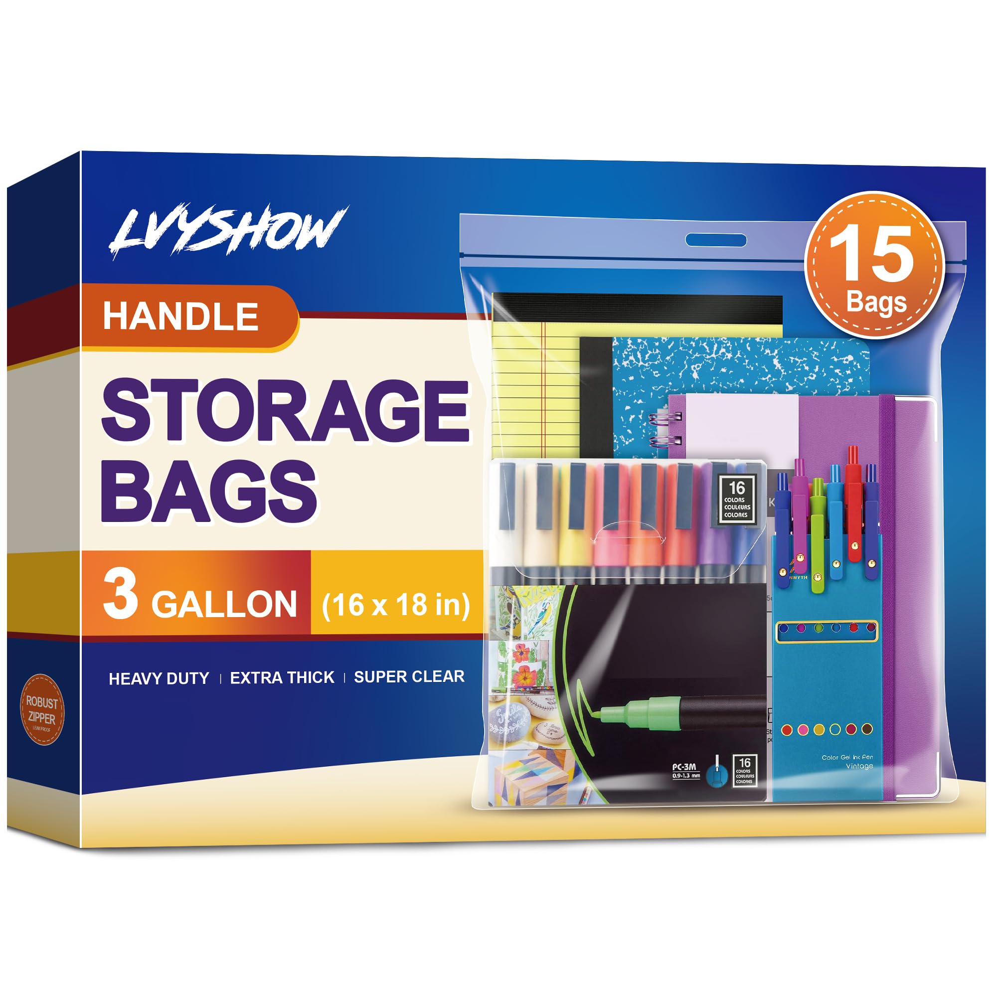 3 Gallon Extra Large Zipper Bag, 16” x 18”, Clear Plastic Storage Bag with Handle for Clothes, Moving, Travel, 2mil Thick, 15pcs