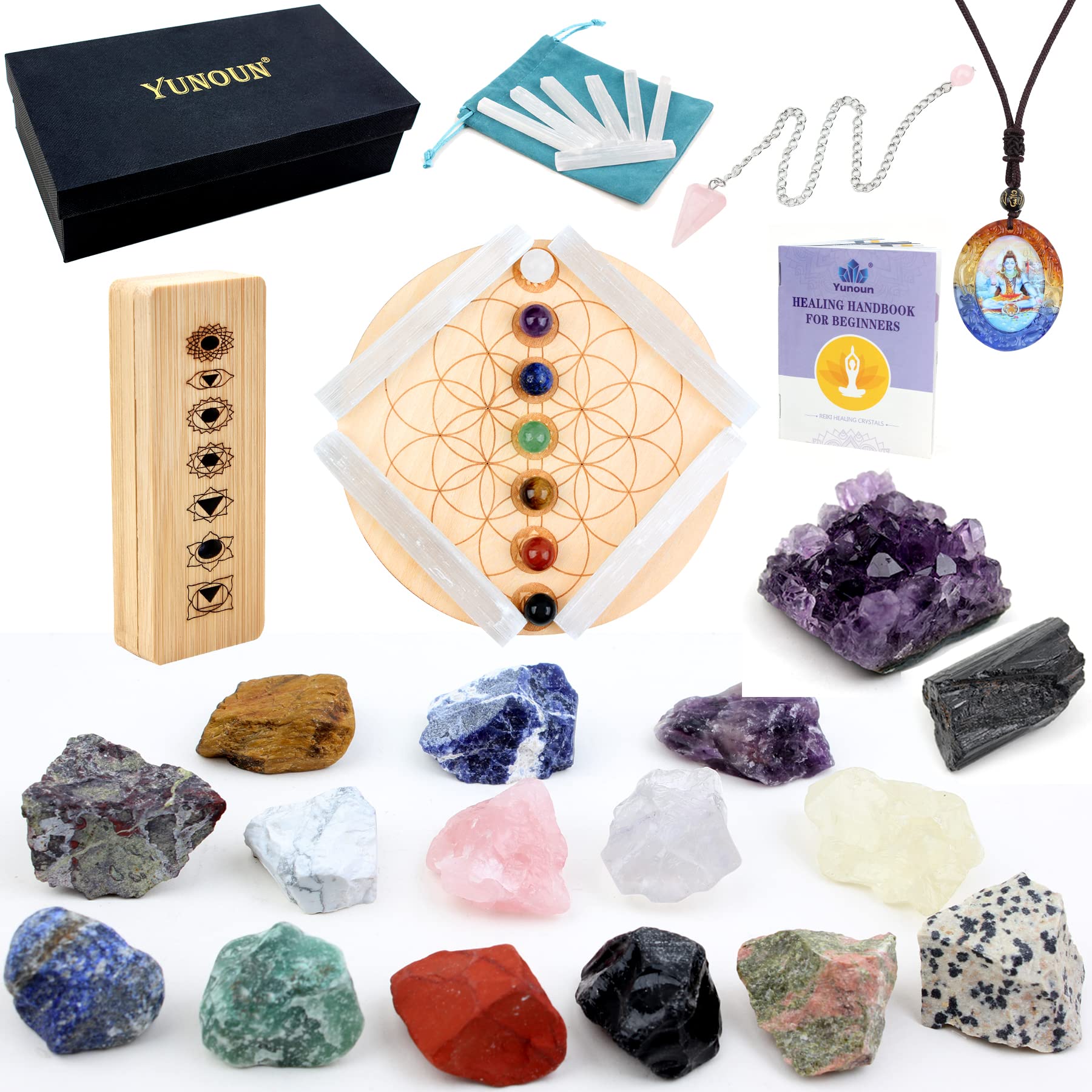 Yunoun Chakra Crystals and Healing Stones Set，Amethyst Cluster，Selenite，7 Chakra Stones，Tourmaline，Energy Crystal Healing (33 Pcs)