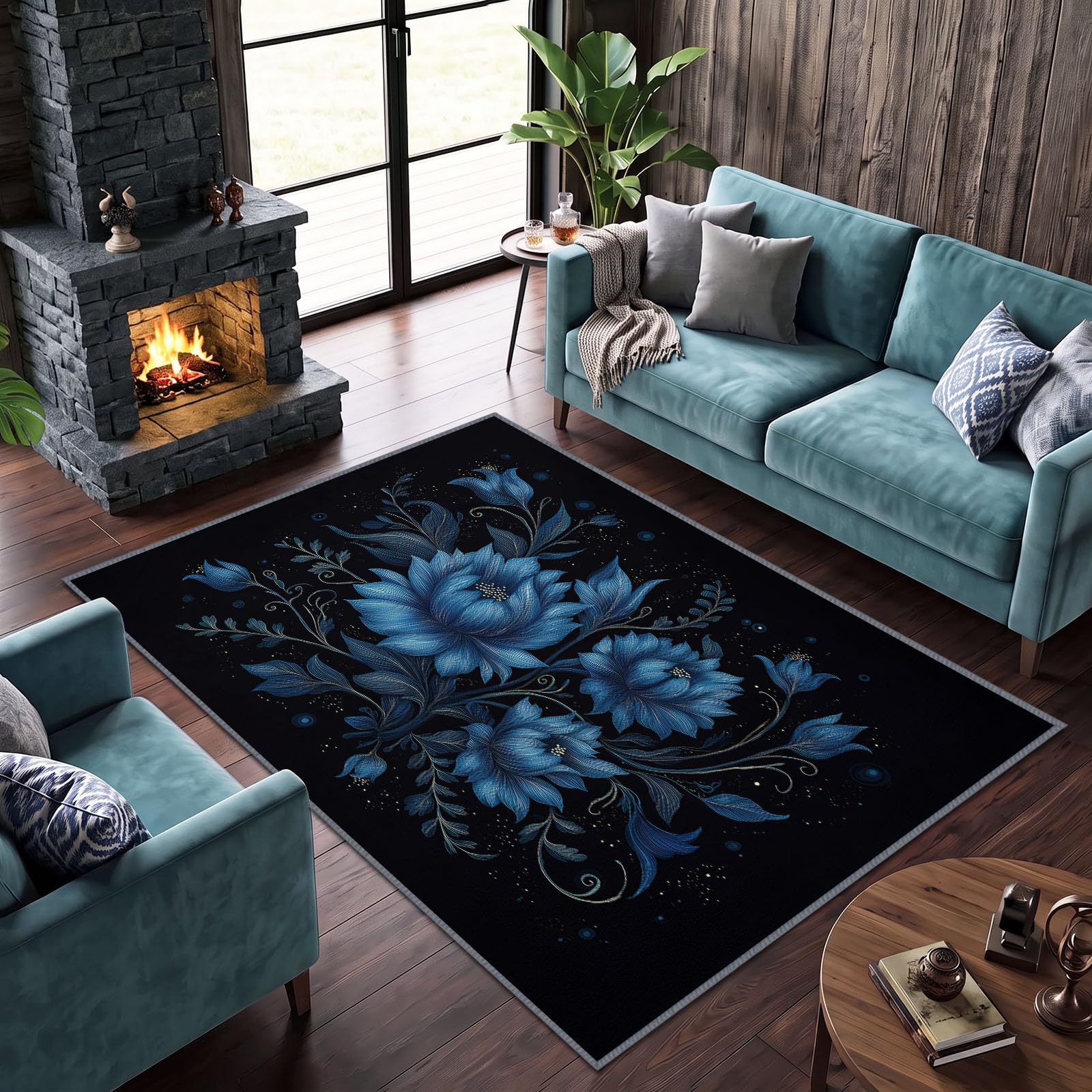 Kurzflor Teppich Wohnzimmer Minimalistisch Floral Blume Flauschig Weiche Anti Rutsch Unterseite Teppiche für Kinderzimmer Schlafzimmer Küche, Pflegeleicht Waschbare Fußmatte, Blau, 180 x 240 cm