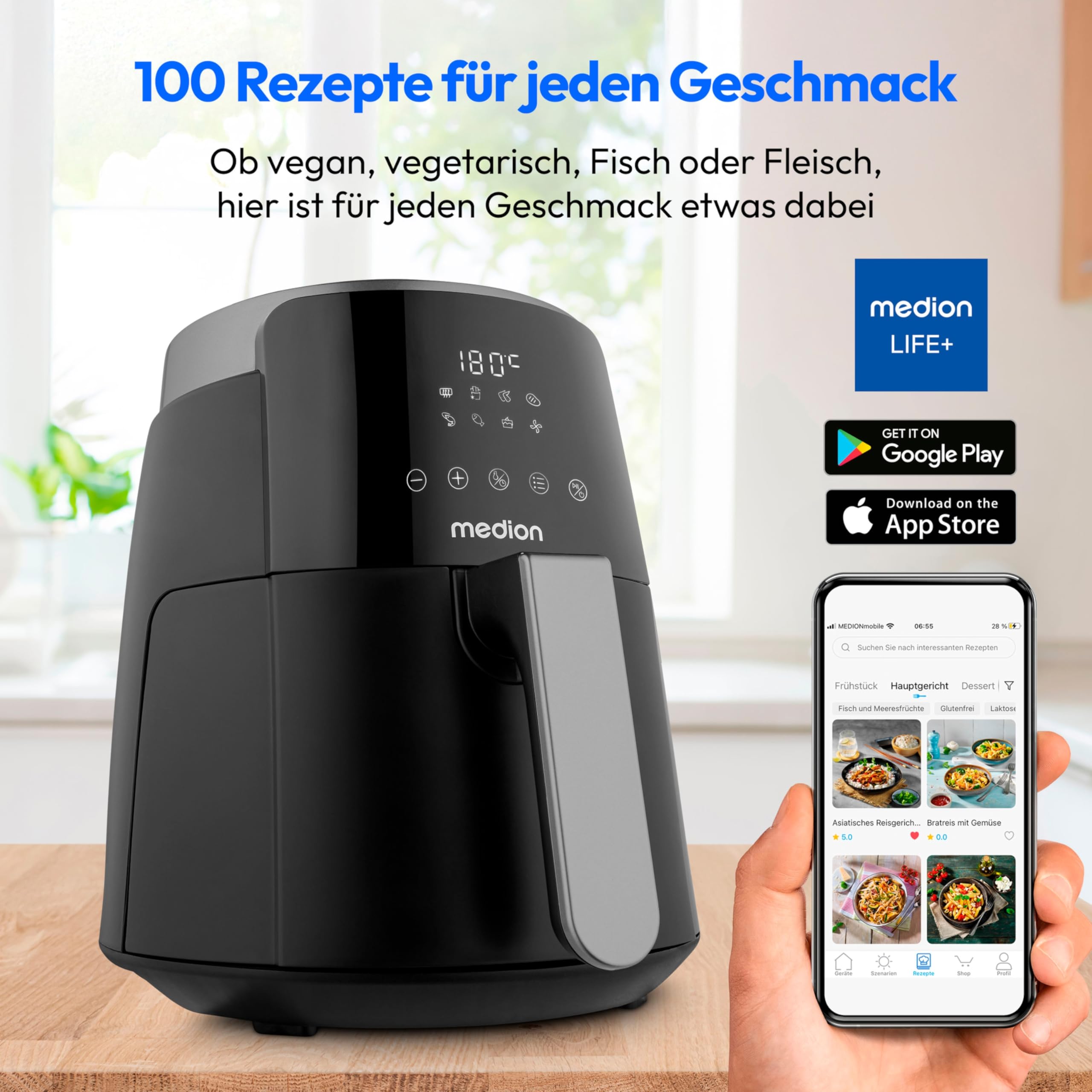 MEDION P40 L Heißluftfritteuse (4,7 Liter, Airfryer, 1500 Watt, einfache Bedienung, ölfreies Frittieren, 60 Min Timer, bis zu 200° C, Antihaft-Beschichtung, MD13030) schwarz