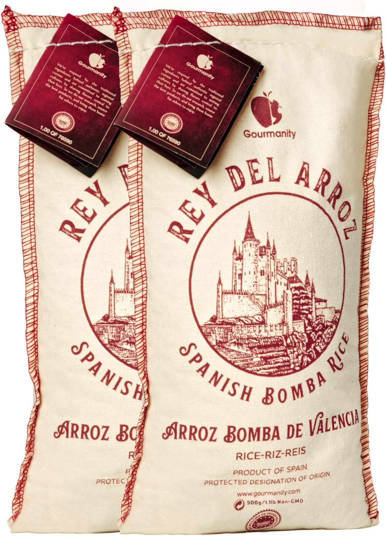Gourmanity 1.1lb/500g (Pack of 2) Spanish Bomba Rice for Paella, Rey del Arroz Authentic Spanish Bomba Rice from Spain [1.1 Pound, Pack of 2]