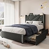 GalnFu Twin Bed Frames with 4 Storage Drawers, Upholstered Bed with Large Wingback Headboard and Charging Station Headboard and Charging Station, Solid Wooden Slats Support, No-Noise, Dark Gray