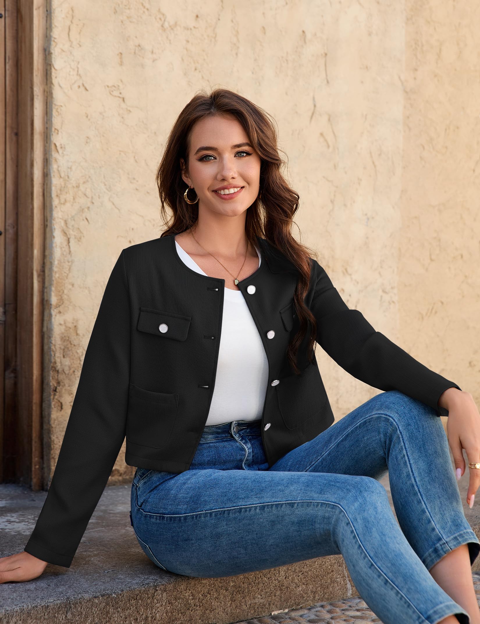 Yesfashion Boléro court à col rond pour femme - Cardigan à manches longues - Boléro festif de mariage pour robe, pantalon