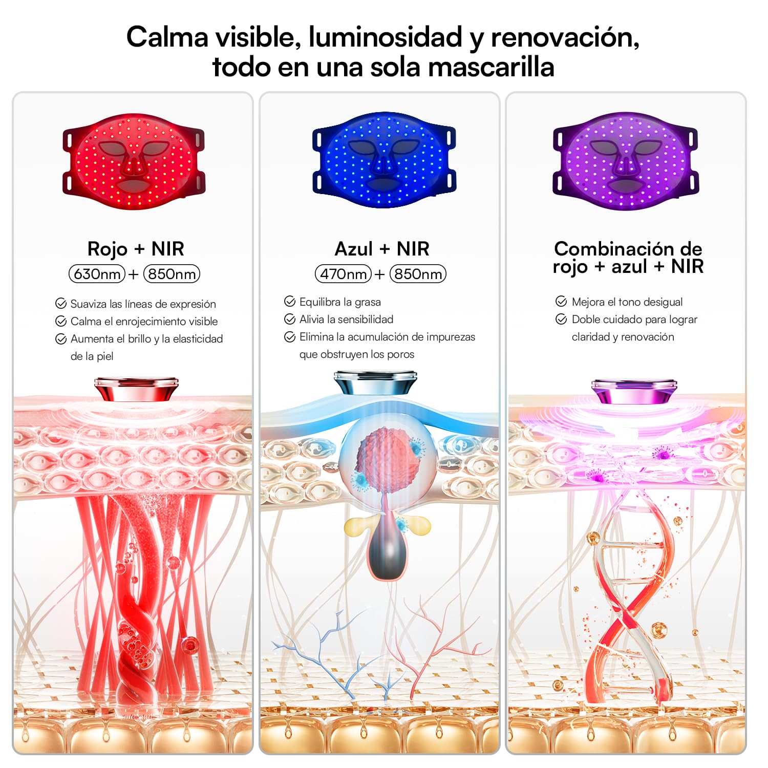 Máscara facial LED INIA: máscara de terapia de luz roja con 4 modos de luz, 850 nm NIR, terapia de LED roja y azul, 220 cuentas, máscara infrarroja recargable Longitud de onda