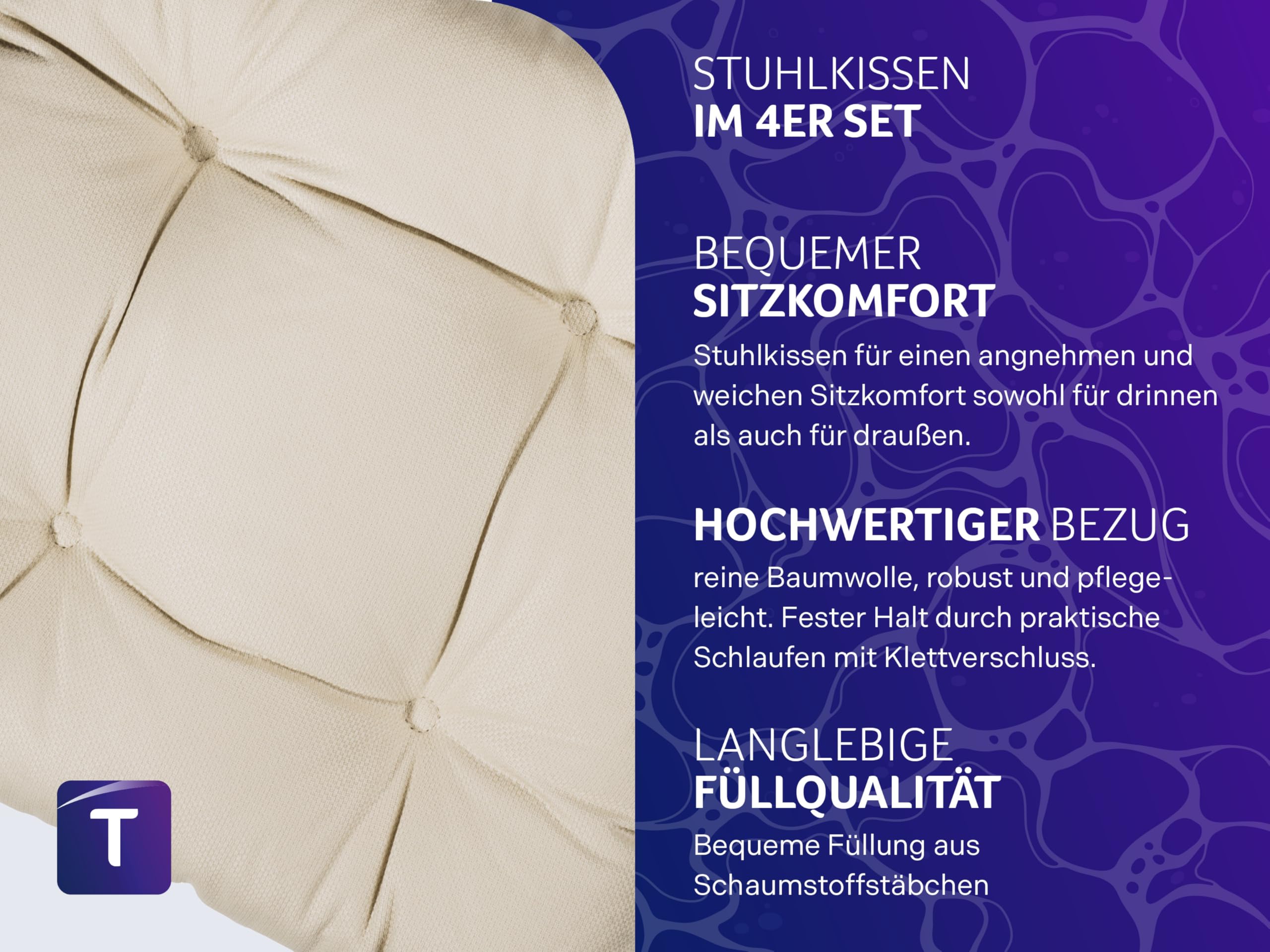 Traumnacht Premium Stuhlkissen Sitzkissen 4er Set 38x40x7 cm | Baumwollbezug | Weich & formstabil | Öko-Tex Zertifiziert | Deutscher Qualitätsstandard | Beige