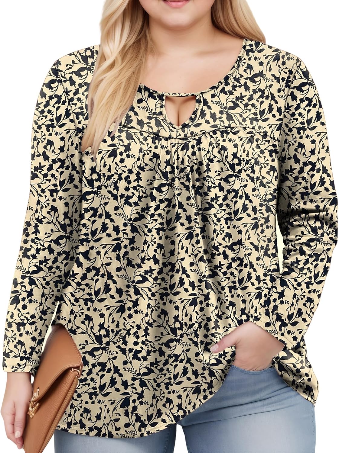 VISLILY Womens-Plus-Size-Dressy-Tops Trendy Keyhole Crewneck T Shirts Casual Long Sleeve Tunics Flowy Pleated Blouses XL-5XL