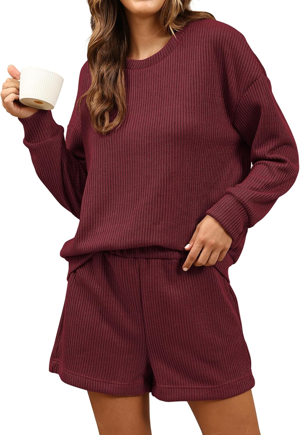 ZMJ Waffle Knit Pajamas for Women 2 Piece Sweatsuit with Pockets