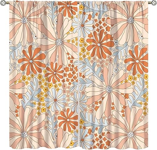 Miniatura 15 de Cortinas florales retro de los años 70 con patrón de margaritas naranjas de mediados de siglo, con bolsillo para barra, cortina para sala de estar y