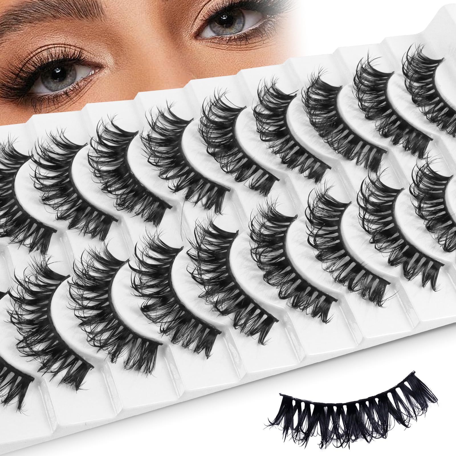 10 Pairs Wispy Lashes Wet Natural Look D Curl False Eyelashes Fluffy Cat Eye Lashes 3D Volume Fake