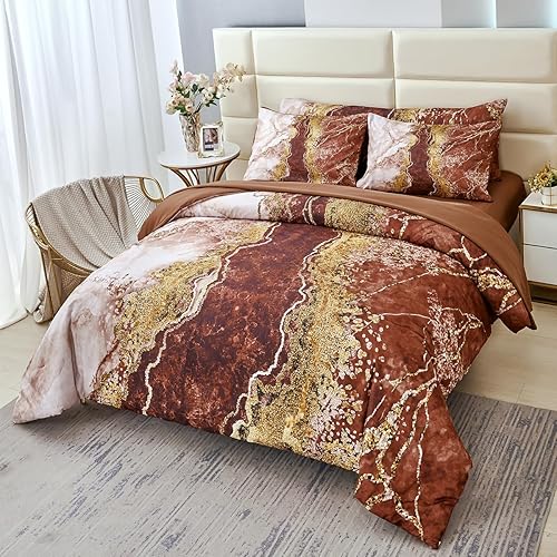 Miniatura 12 de PERFEMET Juego de edredón de 6 piezas tamaño Queen en una bolsa, juego de edredón azul y dorado, edredón de mármol acuarela con sábanas, suave
