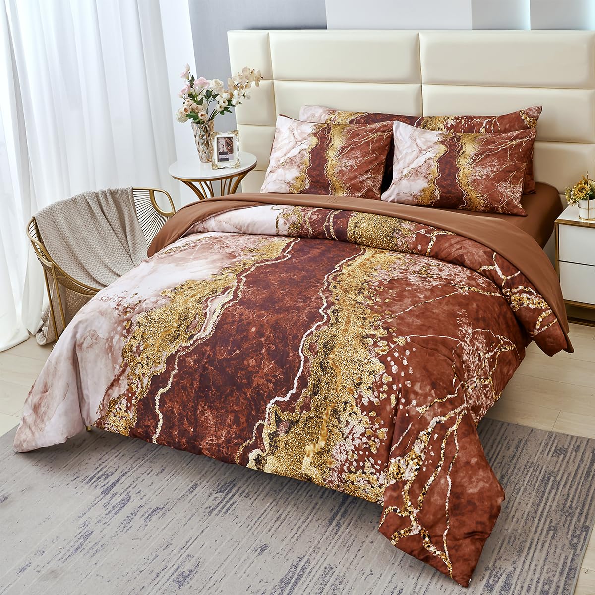 Parure de lit marbre marron et doré draps housse couette tie dye 6 pièces pour très grand lit