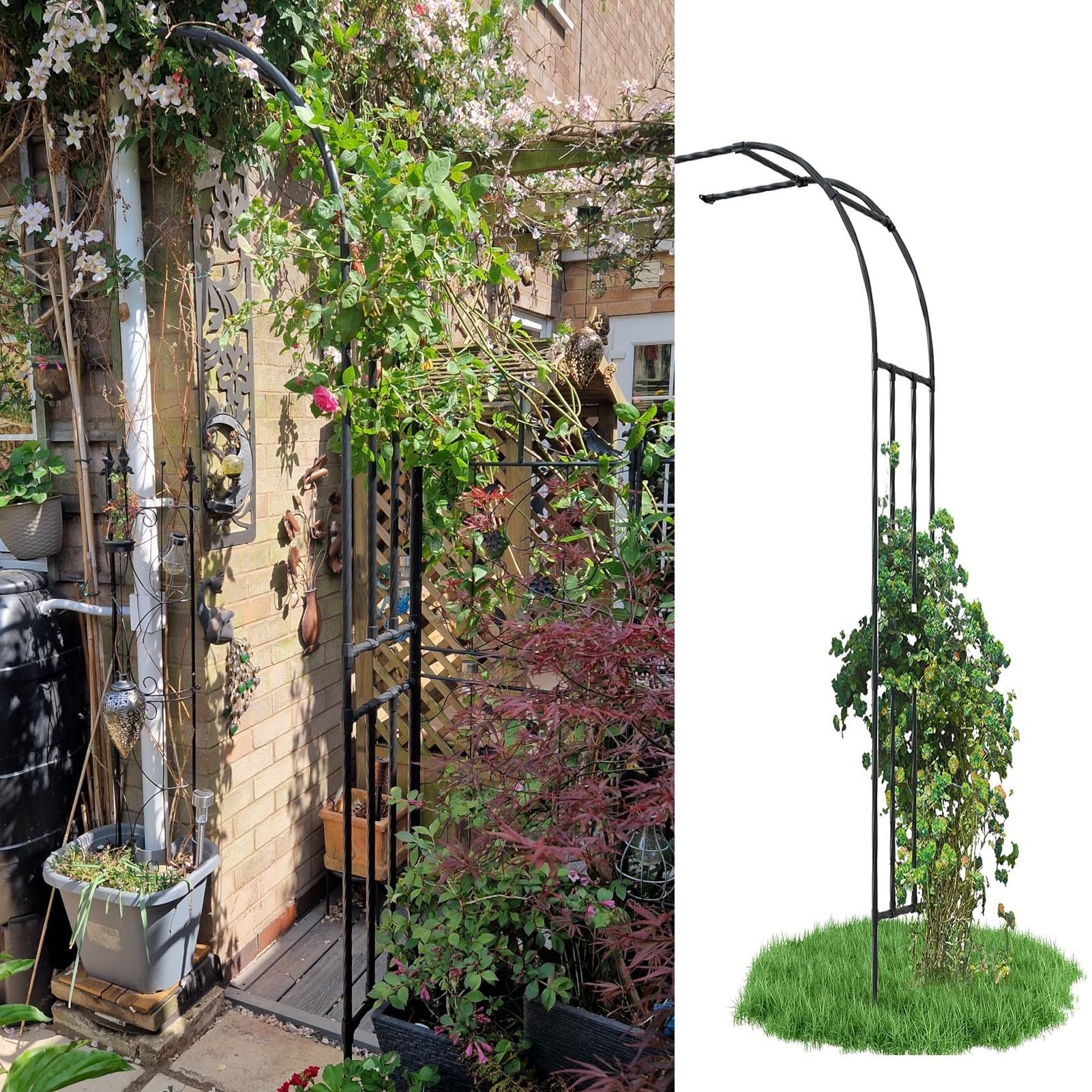 Arche de jardin noire demi-côté 90x240cm en treillis métallique pour plante grimpante
