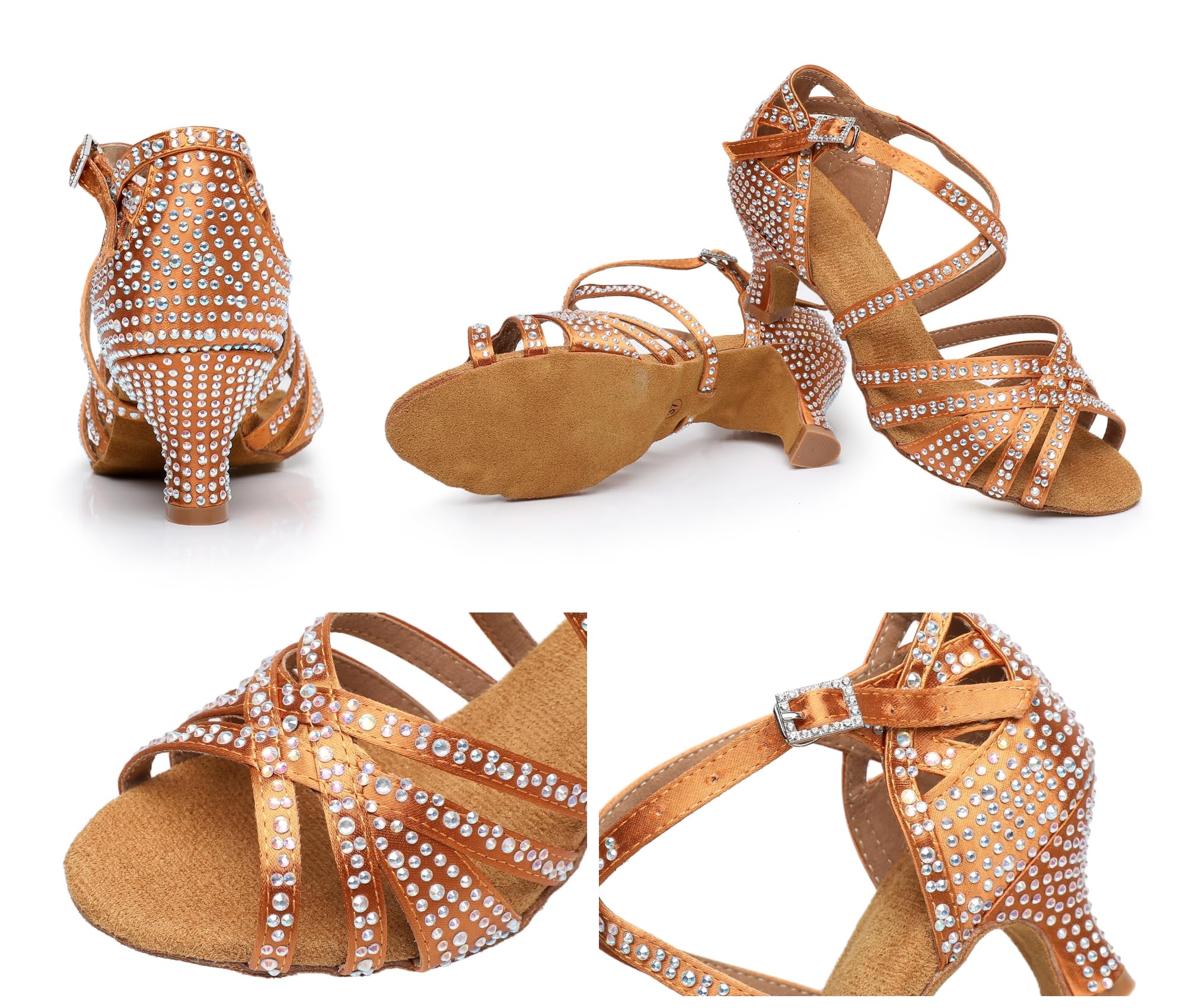 Rosefinch Scarpe da Ballo Latino da Donna con Strass Fondo Morbido Modern Pole Dance Ballroom da Sposa Scarpe Latine Regolabili per Ragazze Signore 5/7cm Tacco 34-41EU