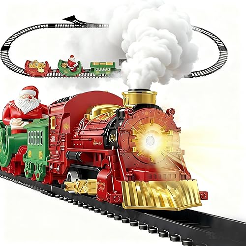 Juego de tren de Navidad con vapor, luces y sonidos, tren de juguete eléctrico para debajo del árbol de Navidad, juego completo de pista ovalada de