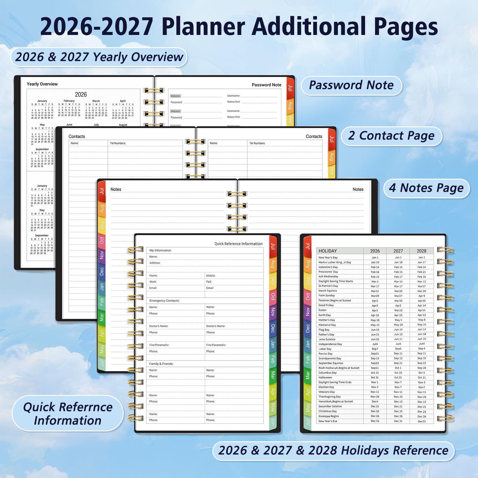 Tagesplaner 2026-2027, 18-Monatsplaner mit Registerkarten, Januar 2026-Juni 2027, Wochen- und Monatskalender, Spiralzeitmanagement, 100 g/m² dickes Papier, Doppeldrahtbindung, A5, Schwarz