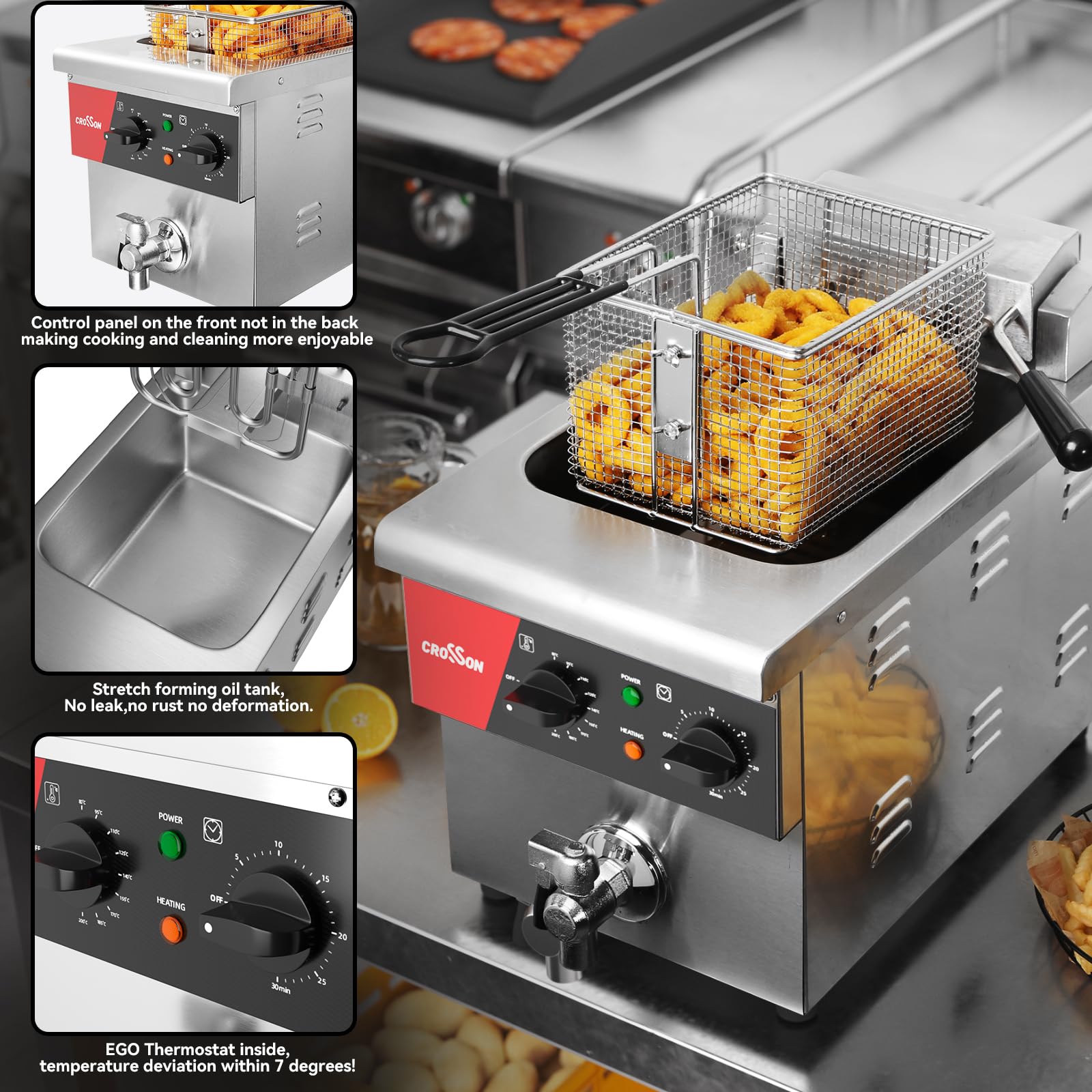 CROSSON Kommerzielle Elektrische Fritteuse 8 Liter,3250W Professionelle Elektrische Fritteuse aus Edelstahl mit ablaufhahn,Temperaturkontrolle 80-200°C für Hotel- und Gastronomieküchen