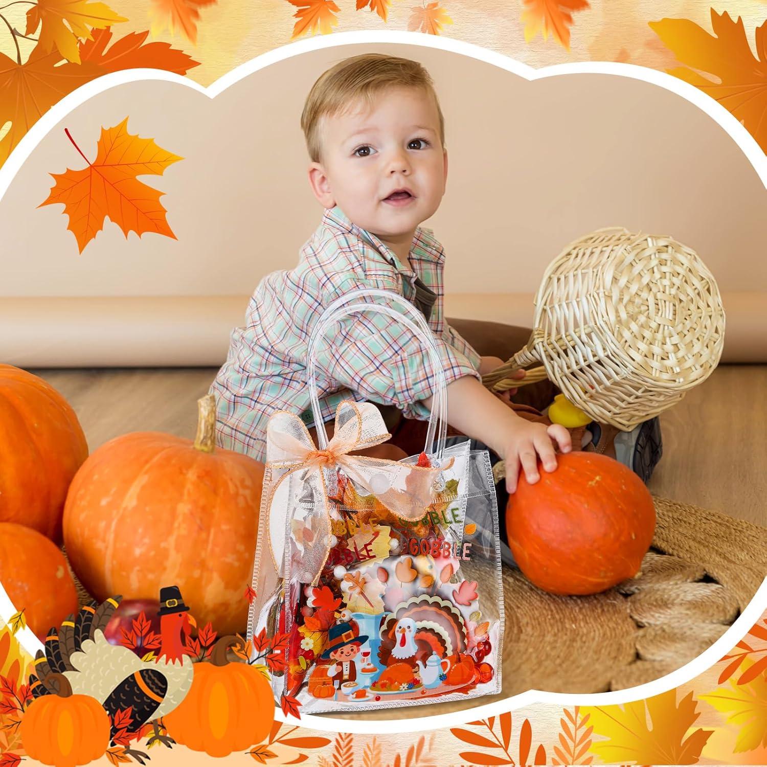 Resurhang 24 Pcs Thanksgiving Clear PVC Gift Bags with Handles Thanksgiving Treat Totes Pumpkin Turkey Gnome Maple Theme Fall Gift Bags for Autumn Harvest Party Favor Supplies, 6.3 x 5.9 x 2.8 Inch - Image 5