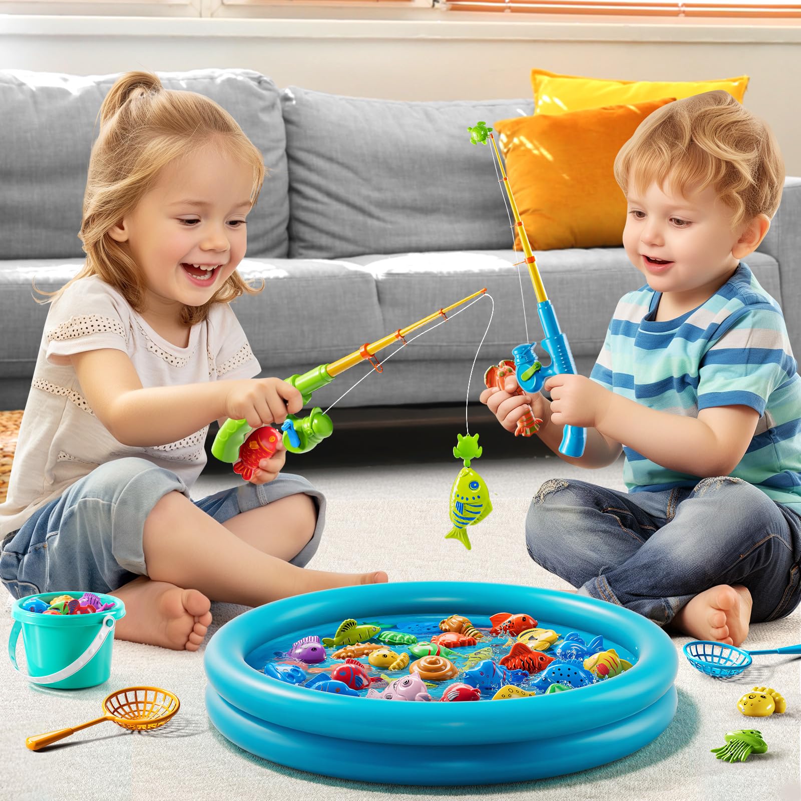 JUKUDAHU Magnetisches Angelspielzeug für Kinder 3-5 Jahre | Mit aufblasbarem Kinderpool, Badewannenspielzeug, Outdoor Spielzeug, Für Jungen und Mädchen 3-8 Jahre