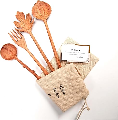 BVicHair Juego de 4 cucharas y tenedores de madera, juego de cucharas de ensalada de madera, regalos de amas de casa reales, regalos de cocina para