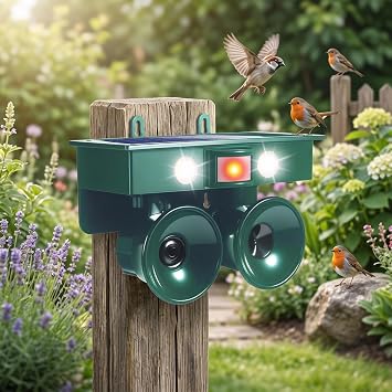 Solar Bird Repeller, Ultrasonic Bird Deterrent with Flashing Light for Outdoor Yard Garden