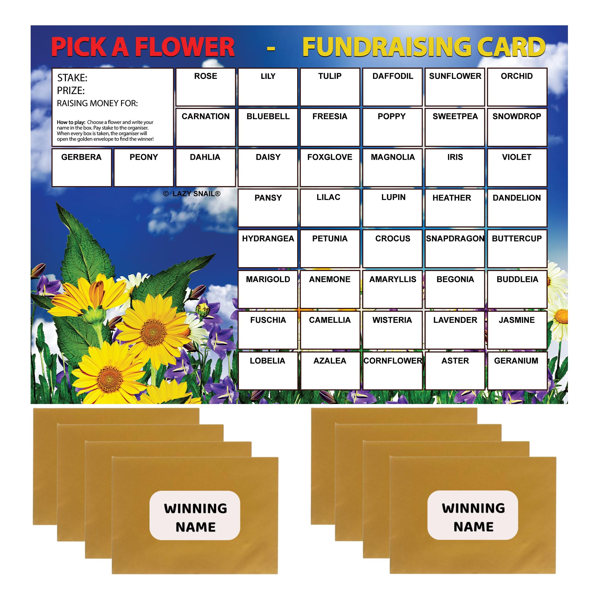 Lazy Snail ‘Pick a Flower’ Fundraising Cards, Pack of 8 (45 Squares per Card), Fun Golden Winner Envelopes - Image 2