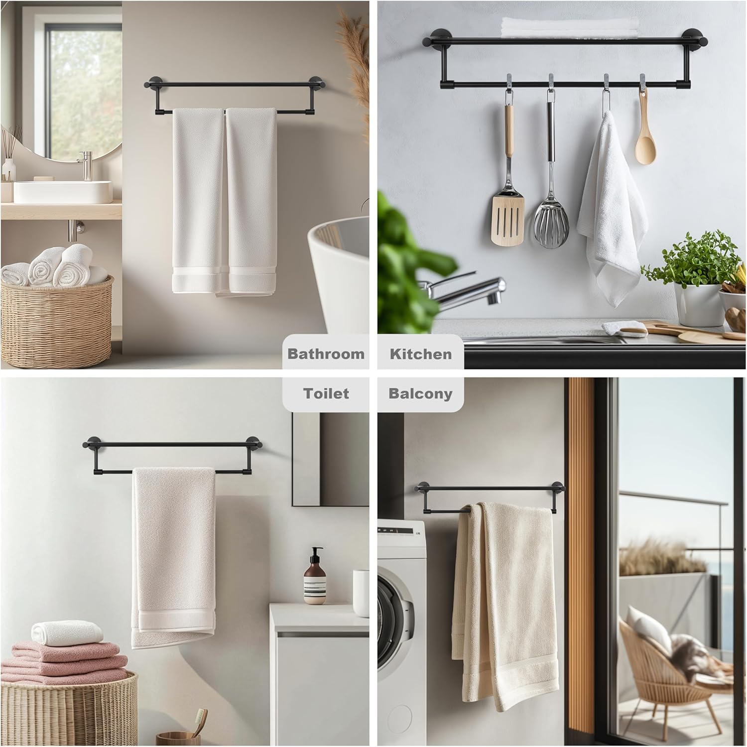 SEIDO 24 Inch Matte Black Double Towel Rack with Shelf, Wall Mounted Bathroom Shelf with Towel Bar, 304 Stainless Steel Towel Storage, Hand Towel Holder for Bathroom, Lavatory, Kitchen, Laundry