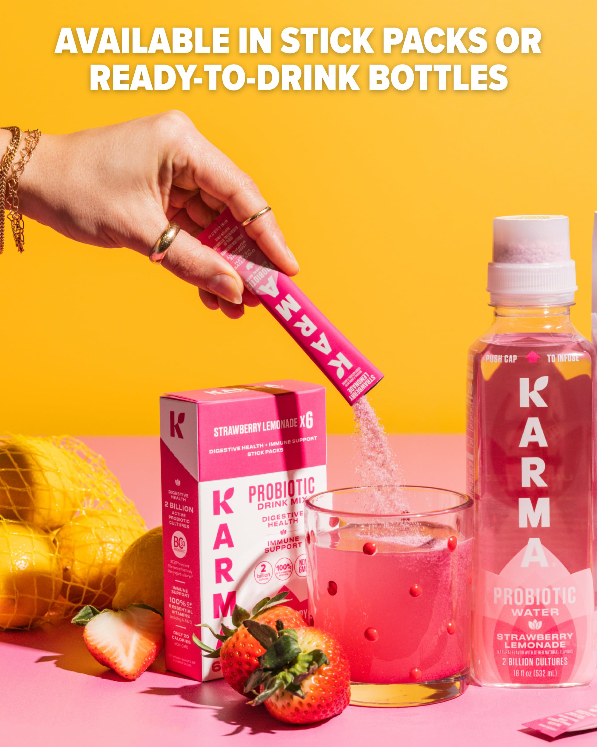 Karma Probiotic Hydration Packet - 6 Pack, Strawberry Lemonade Powder Drink Mix Stick - On-The-Go Immune & Gut Health Support