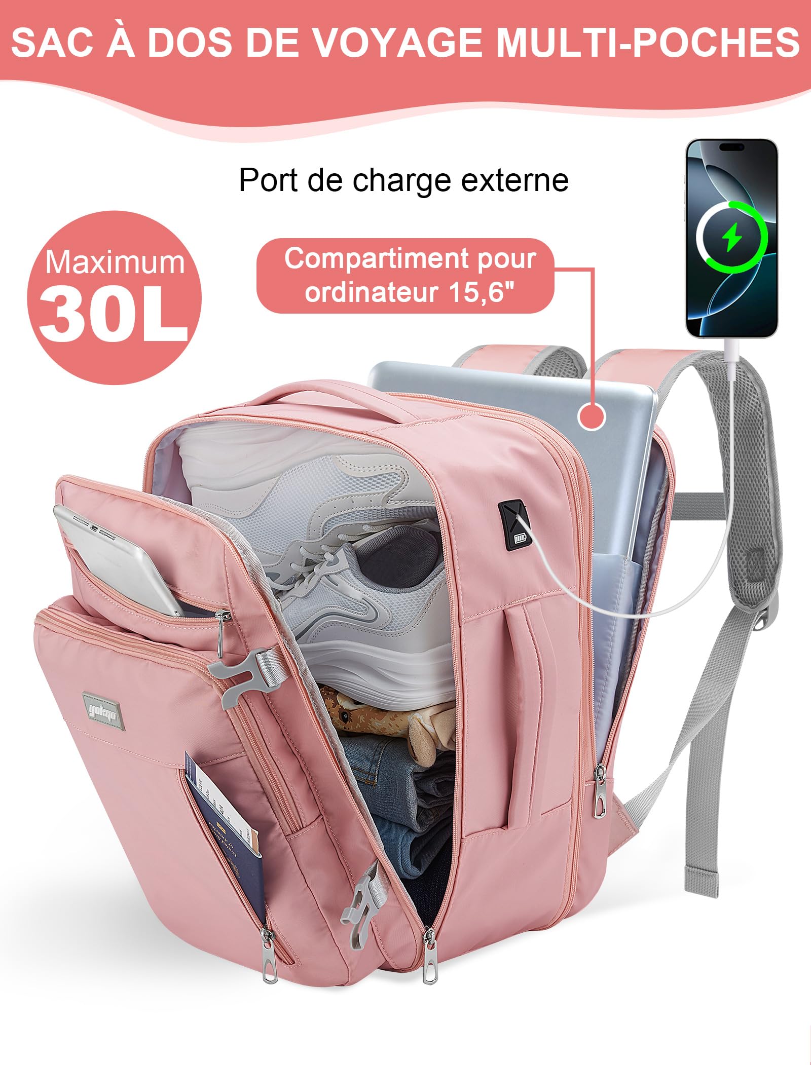 Sac a Dos Voyage Cabine Avion 40x30x20 Bagage Cabine 24L-30L Évolutif | Sac à Dos Avion pour Transavia Ryanair Vueling Wizz Air,Sous Siège Bagage à Main 15.6'' Ordinateur Portable Homme Femme Rose