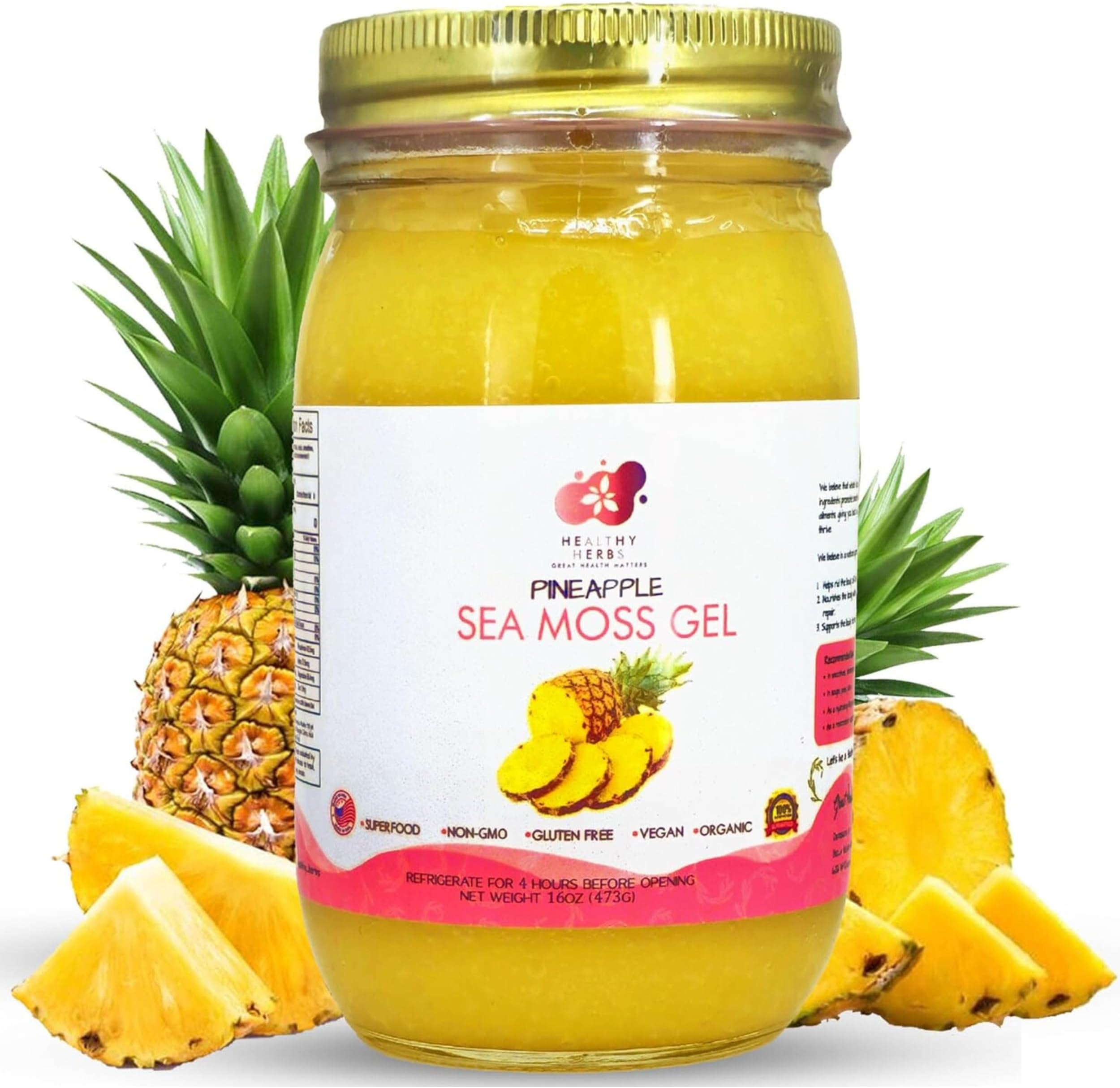 Healthy Herbs Sea Moss Gel (Pineapple) Wildcrafted from Jamaican St Lucia Gold Seamoss | Wild-Harvested Superfood with Over 90 Essential Vitamins & Minerals | Vegan, Non-GMO, US-Made (16 oz.)