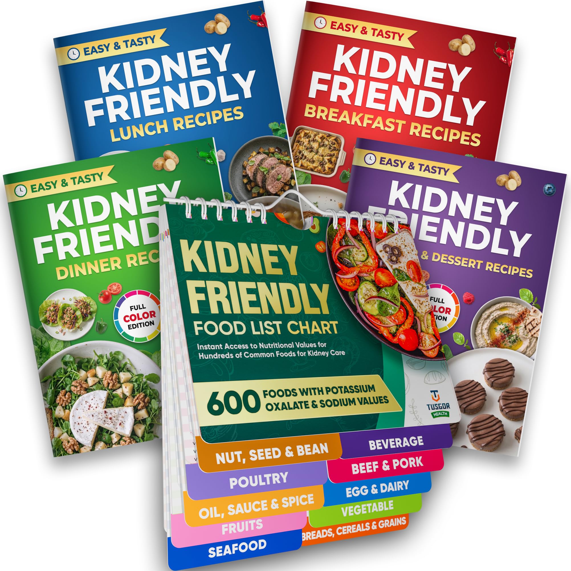 Kidney-Friendly Food List Chart & 4 Cookbook Bundle | Renal Diet Quick Reference Guide with 600+ Foods with Oxalate, Potassium, Phosphorus Data | 100+ Renal Diet Recipes with Full-Color Pictures Standard Size + 4 Cookbooks Set