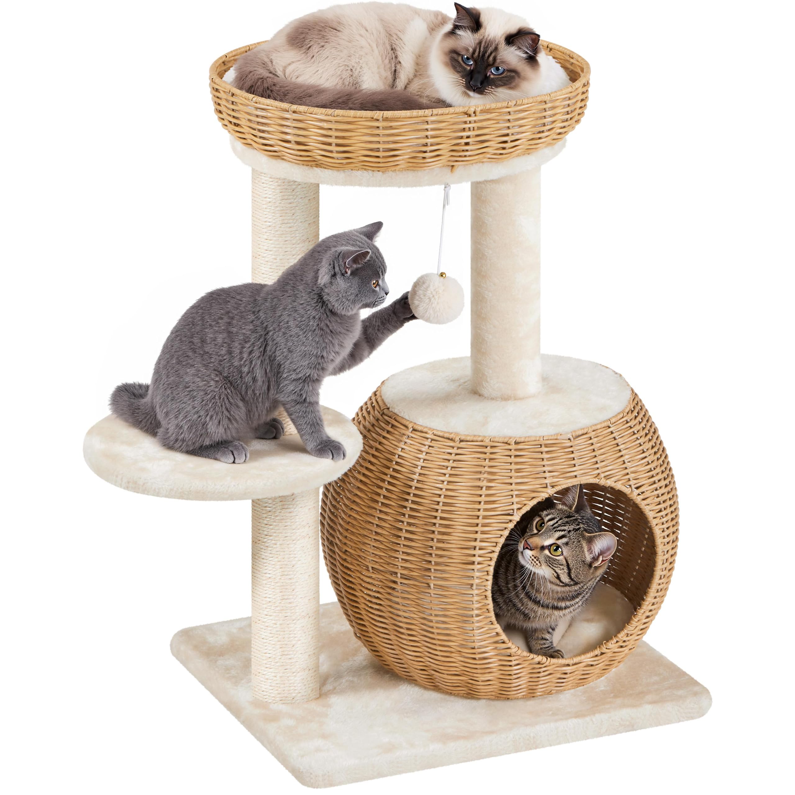 Yaheetech 72cm Rattan Cat Tree for Indoor Cats with Removable Soft Cushion