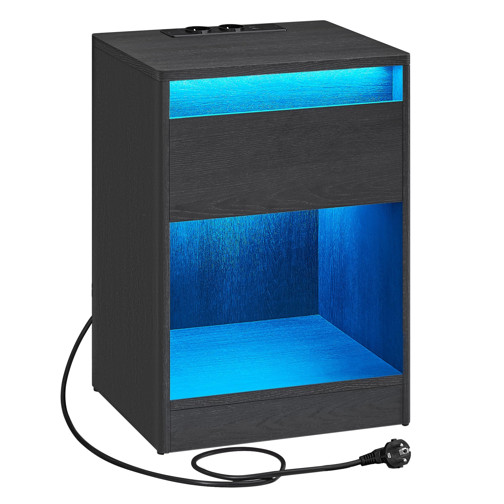 VASAGLE Mesita de Noche con Estación de Carga, Mesa Auxiliar con Luces LED Ajustables, con Cajón, 2 Tomas AC, 2 Puertos USB, Moderno, para Dormitorio, Salón, Negro Ceniza LET618T22