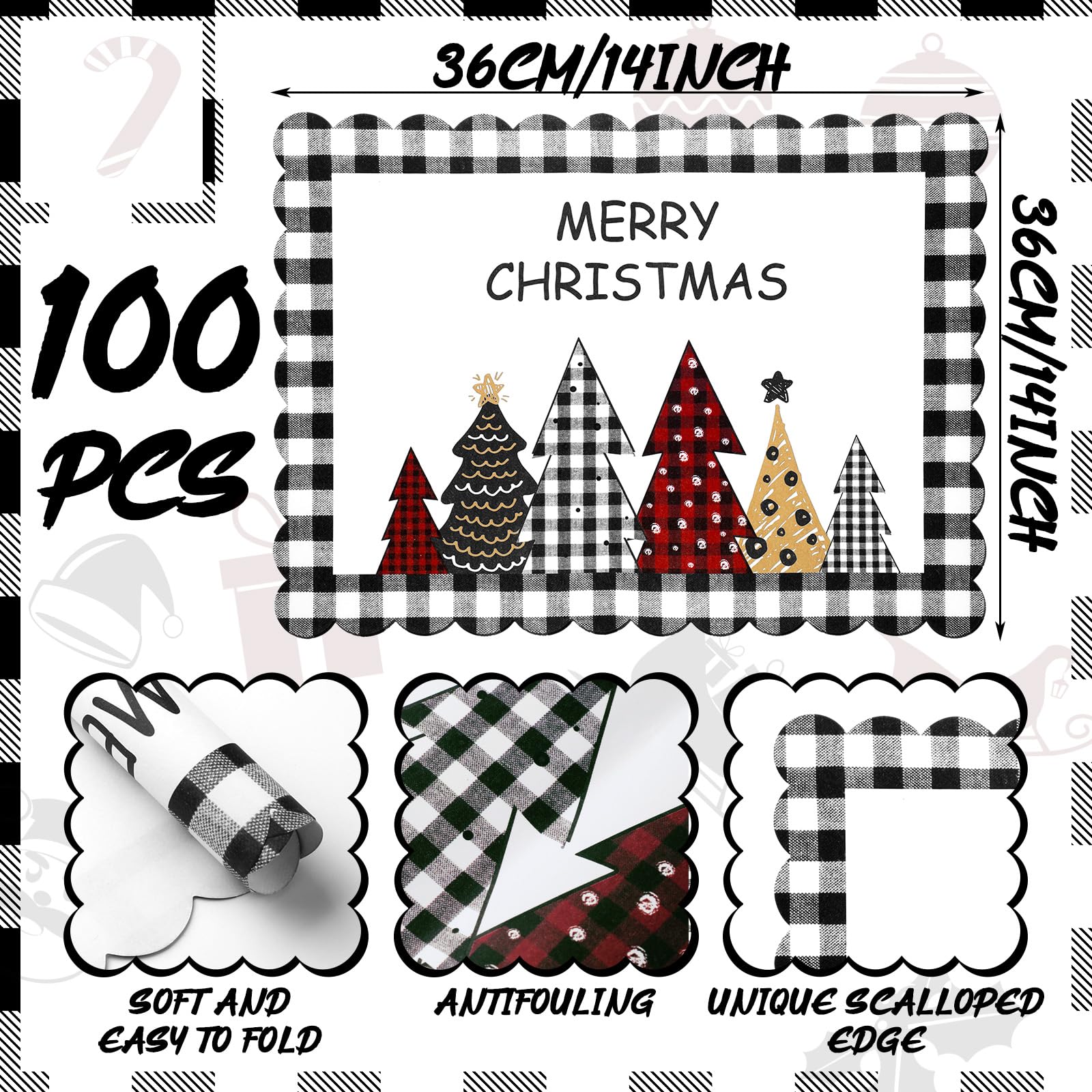 Lallisa 100 manteles individuales de papel de búfalo a cuadros con diseño de árbol de Navidad, color negro y blanco, festoneados, desechables, manteles individuales para mesa de cocina, decoración de