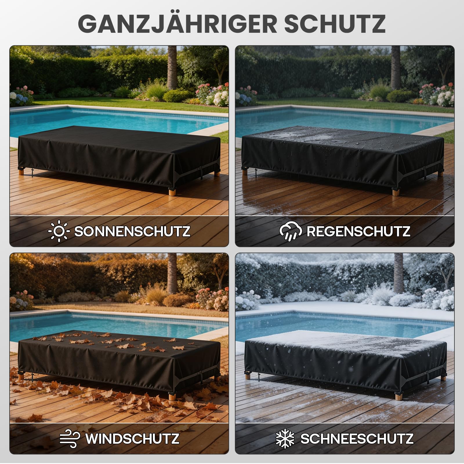 Gartenliege Abdeckung, 200x68x30cm, 2Stk 600D Wasserdicht Schutzhülle Sonnenliege mit 4 Fußschnalle, 2 Lüftungsöffnung, Kordelzug, 2 Reflektoren, 2 Seitlicher Riemen, Abdeckhauben für Liegen