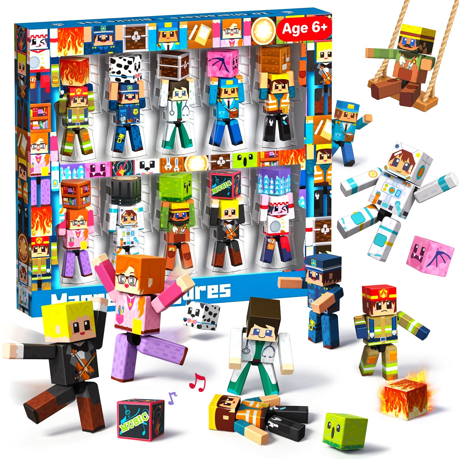 Magnetopia 20-Piece Rotatable Magnetic Action Figures with Magnetic Building Blocks Set - Creative STEM Magnet Figures Playset Character Toys for Kids, Birthday Gift for Toddlers Boys Girls Ages 6+