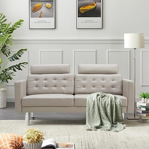 Miniatura 7 de Sofá biplaza de cuero, sofá moderno de mediados de siglo de 72 pulgadas con respaldo ancho y patas de metal, cómodos sofás de dos plazas para sala