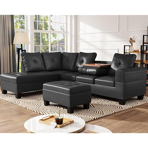 AWQM Upholstered Sectional Sofa w/Chaise Lounge, Modern L Shaped Sofa Couch with Storage Ottoman Bench, PU Leather Sectional Couches with Cup Holder for Living Room Small Space
