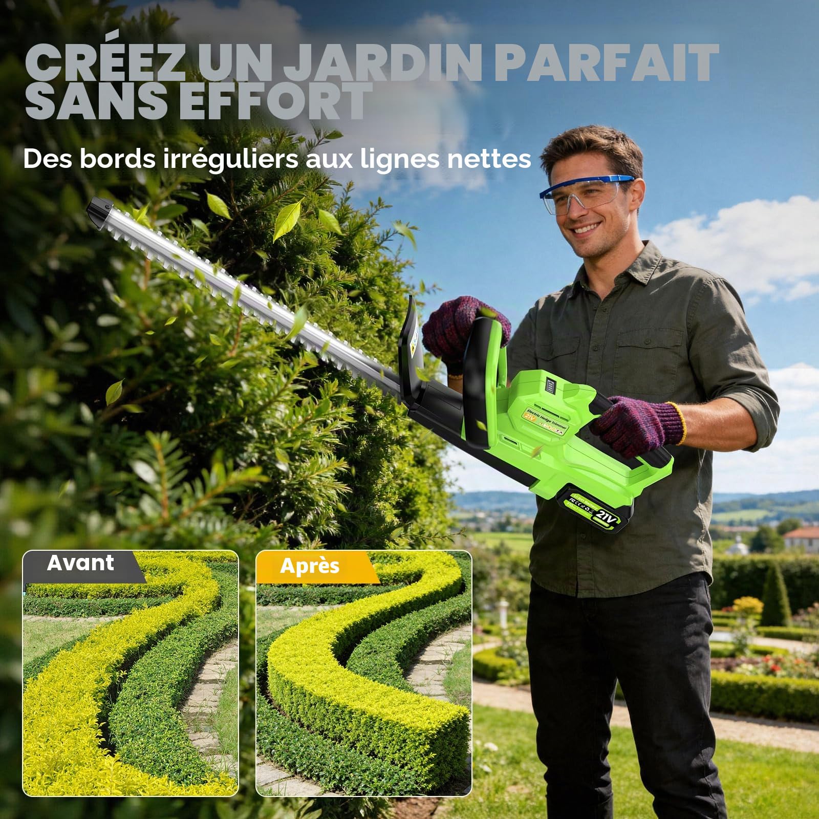 Taille Haie Batterie 21 V, 1200W Moteur, 2 x 4000 mAh Batteries, Lame 50 cm, Écartement de 16 Mm, Double Action, Taille Haies sans Fil avec Lame en Acier 70MN4&Protège pour Le Jardin et Les Arbustes