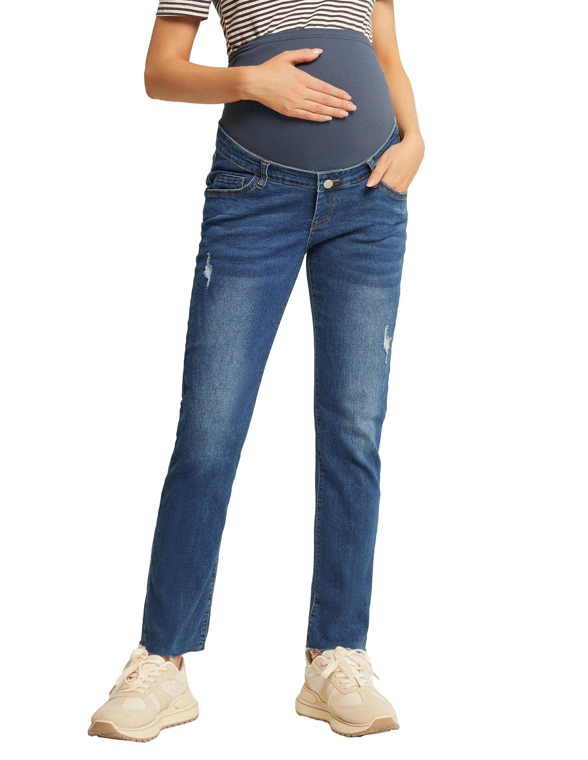 Maacie Mutterschaft Skinny Jeans Hosen für Damen Umstandsjeans Verstellbare Taille Hosen für Alltag Dunkelblau M MC0336A23-02