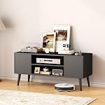 HOMEFORT Retro TV Stand, Mid-Century TV Console Table, Fits up to 55-inch Television, Modern Entertainment Cabinet with Storage and Shelves Cabinet for Living Room, Office, Bedroom (Black)