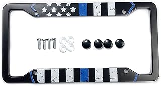 Blue Lives Matter USA Flag License Plate Frame Aluminum Composite Tie Flag Themed License Plate Frame Blue Shield Support Law Enforcement Auto Car Truck Tag Holder for US Standard