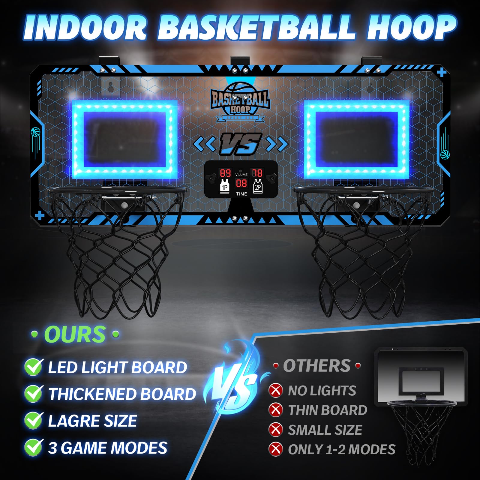 VATOS 2 Aros De Baloncesto Iluminados LED Para Interiores, Con Marcador Digital Y Modo Duelo Para 2 Jugadores, Juego De Pelota Para Casa, Oficina O Dormitorio