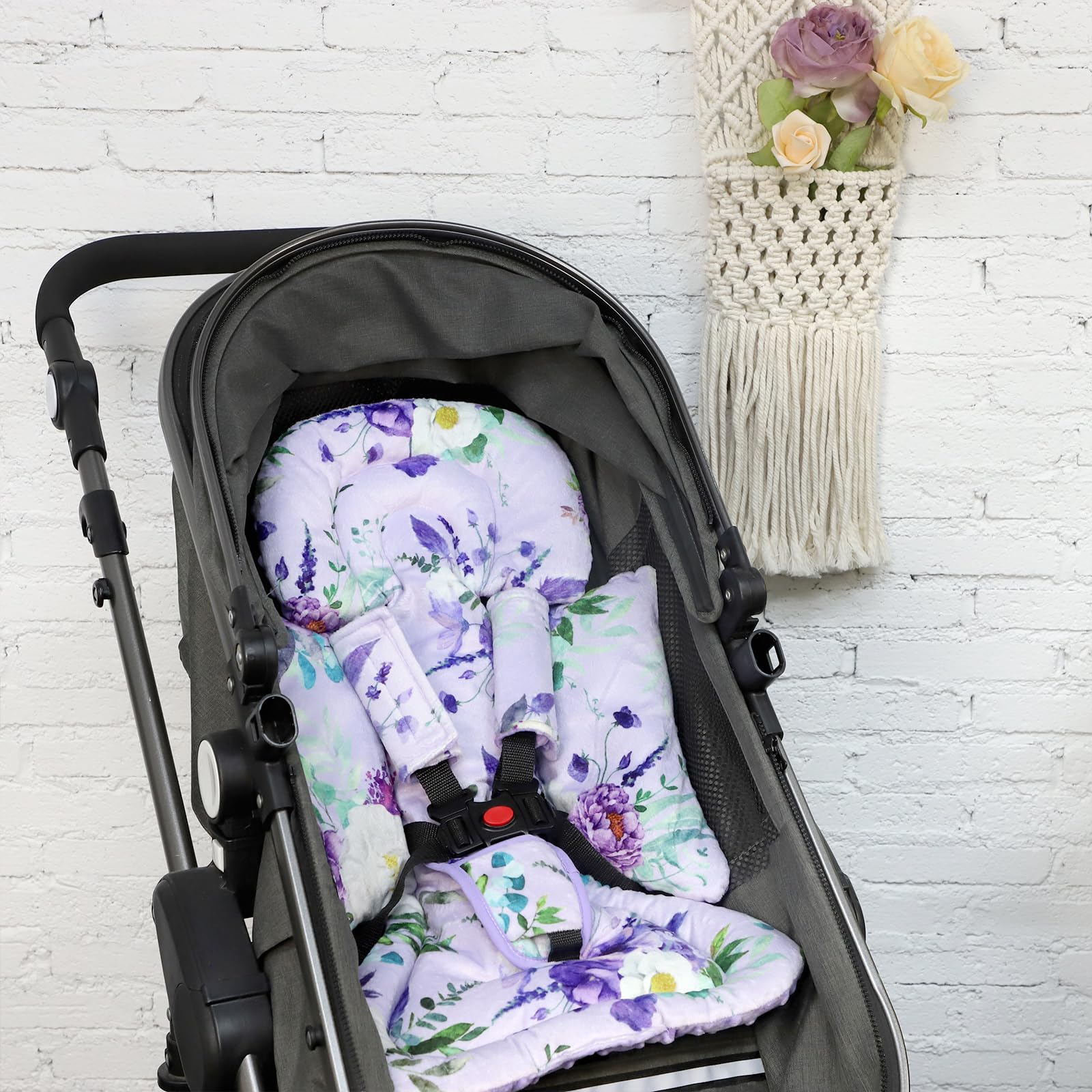 CARUILI Infant Car Seat Insert and Strap Covers, Very Soft Car Seat Head Support Baby Girl Boy, Reversible Newborn Carseat Insert Cushion Fits for Stroller, Baby Swing, Bouncer (Purple Floral)