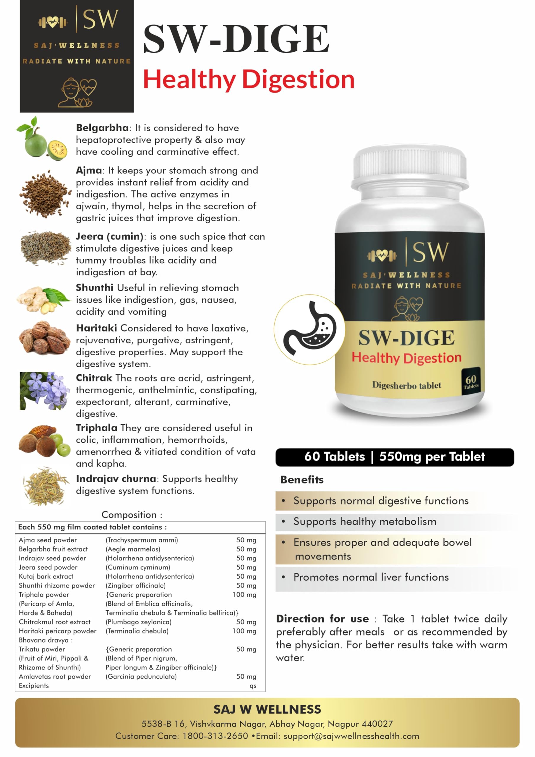 SAJ Wellness SW-DIGE Natural Digestion Support Tablet, 60 Tablets with Ajma, Jeera and Triphala for Healthy Metabolism 2