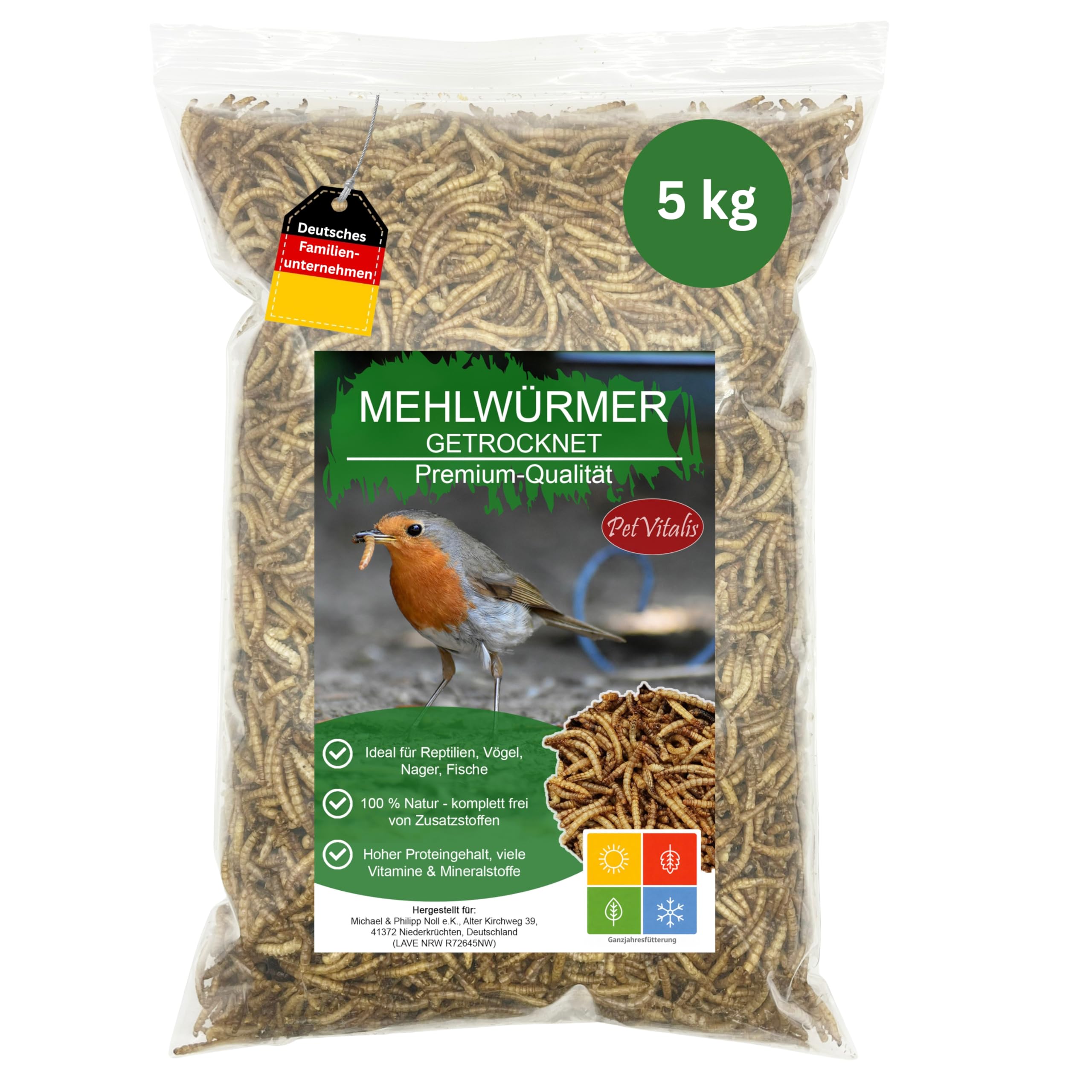 Mehlwürmer getrocknet 5 kg – Premium Einzelfuttermittel für Wildvögel, Ergänzung zum Vogelfutter – Proteinreicher Snack für Fische, Reptilien & Nager – Ganzjahresfutter für Igel & Eichhörnchen