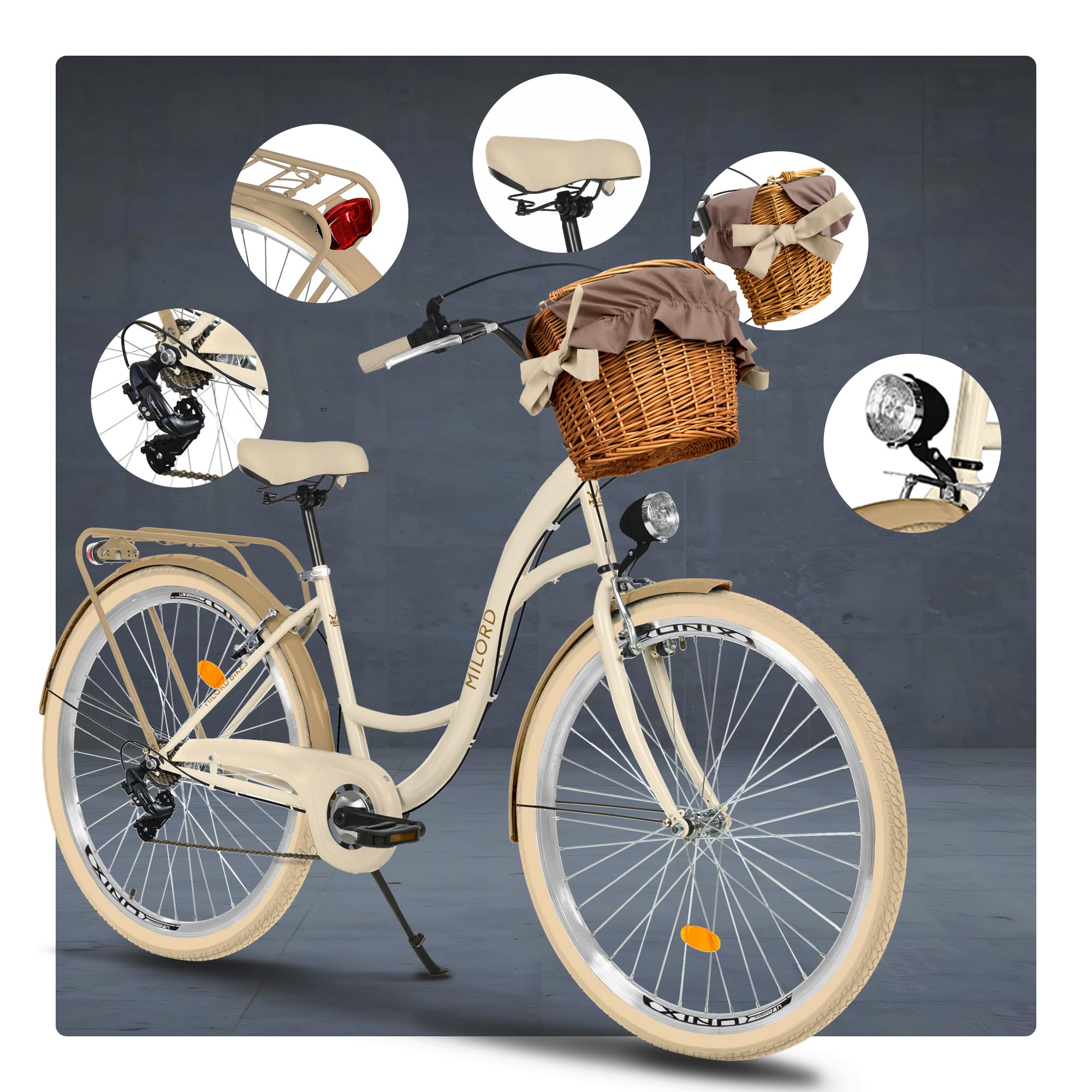Generic Komfort Fahrrad Citybike Mit Weidenkorb Damenfahrrad Hollandrad, 28 Zoll, Creme-Braun, 7-Gang