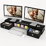 Mexin Dual Monitor Stand Riser with 2 Drawers, 39 Inch Extra Long Wood Desk Organizer, Desktop Riser for Laptop, Printer, Computer, TV, Perfect for Home Office, Black